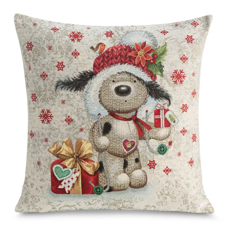 Poszewka na poduszkę 45x45 cm bawełniana, gobelinowa naturalno, czerwona z motywem misia GOB