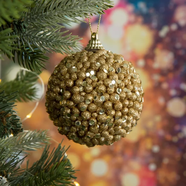 Bombka choinkowa z drobnych kuleczek obsypana lśniącym brokatem i kryształkami