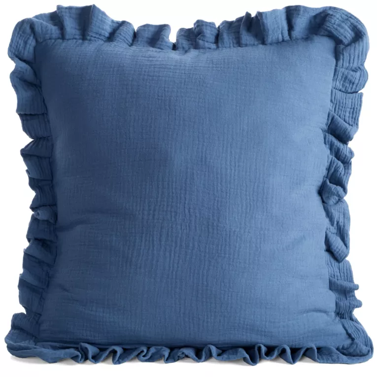 Poszewka na poduszkę 45x45 cm muślinowa z ozdobną falbanką na brzegach granatowa MUŚLIN 1