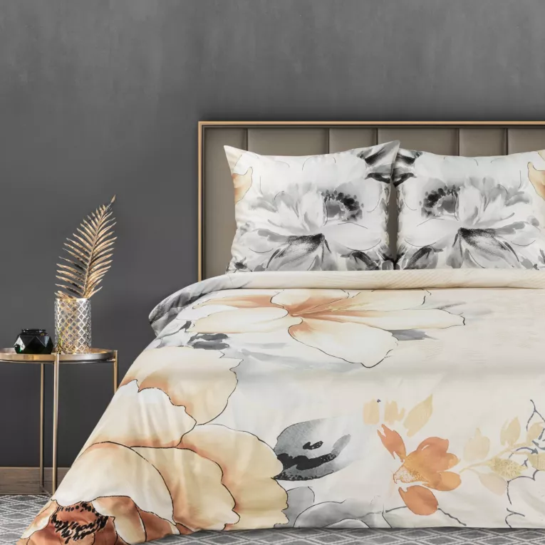 Pościel 160x200 cm bawełniana, makosatyna kolor biały, jasnobeżowy z kwiatowym wzorem Eurofirany Premium