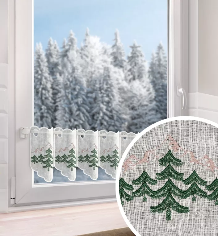 Tkanina firanowa zazdrostka z etaminy zdobiona świątecznym haftem z motywem choinek