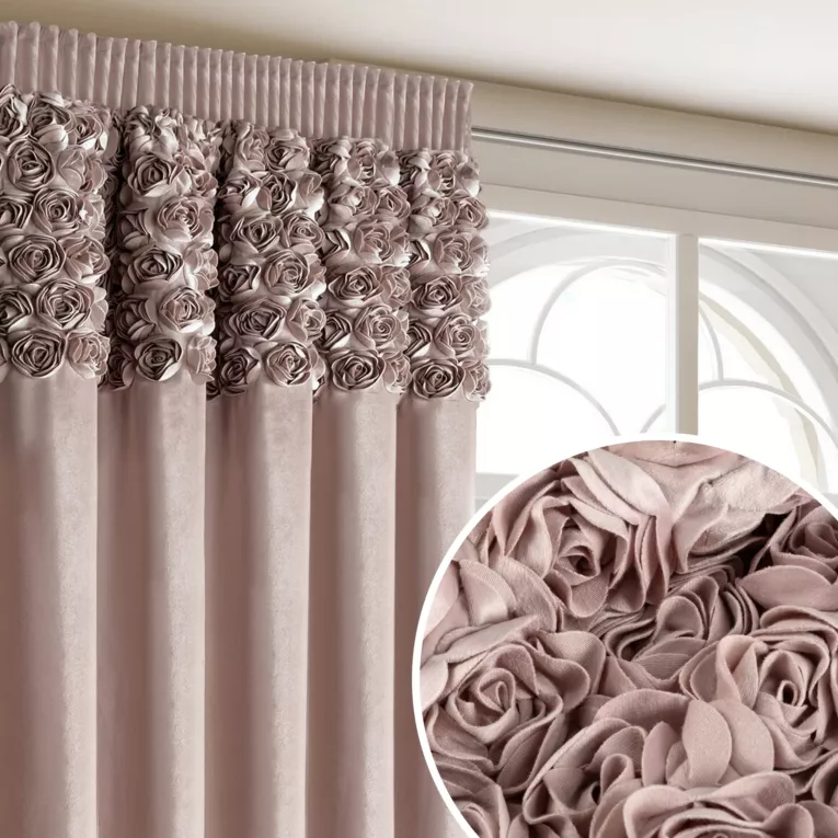 Zasłona pudrowa z welwetu zdobiona aplikacją 3D róż 140x270 cm taśma - ROSES Eva Minge
