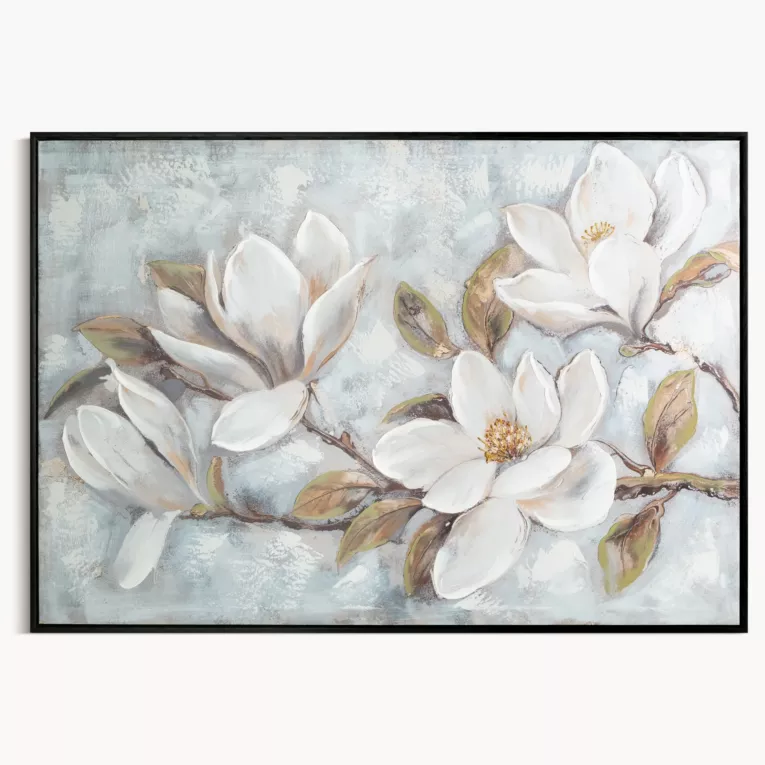 Obraz kremowo, beżowy ręcznie malowane magnolie na płótnie z błyszczącymi akcentami 70x140 cm