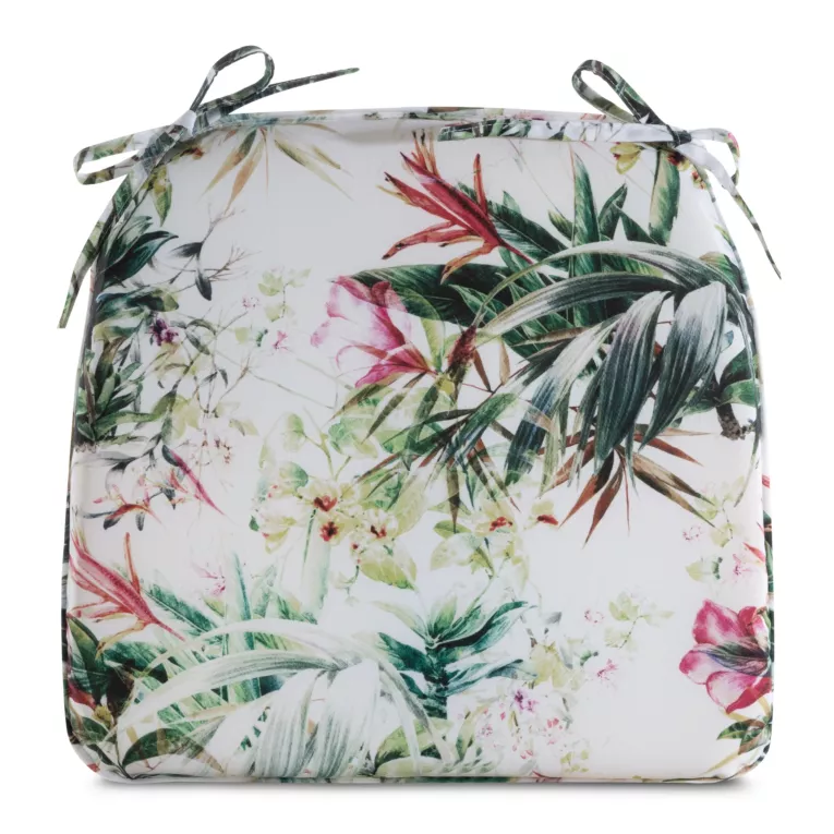 Poduszka na krzesło 38 x 40 x 4 cm  wodoodporna biało, zielona zdobione roślinnym wzorem GARDEN