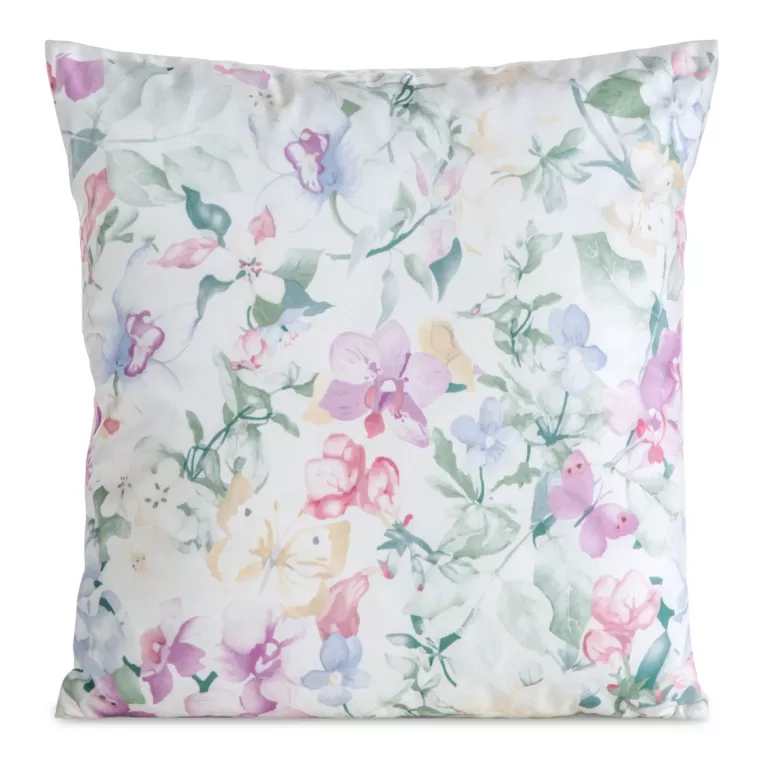 Poszewka na poduszkę 45x45 cm welwetowa biało, zielona zdobiona nadrukiem letnich kwiatów MINK