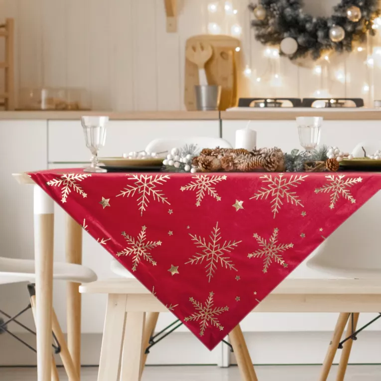 Obrus świąteczny 85x85 cm czerwono, szampański welwetowy zdobiony śnieżynkami