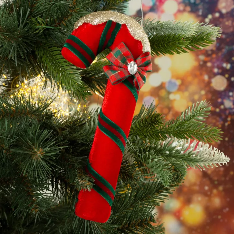 Ozdoba choinkowa LASKA CUKROWA z welwetu zdobiona kratką zakończona błyszczącym kryształem