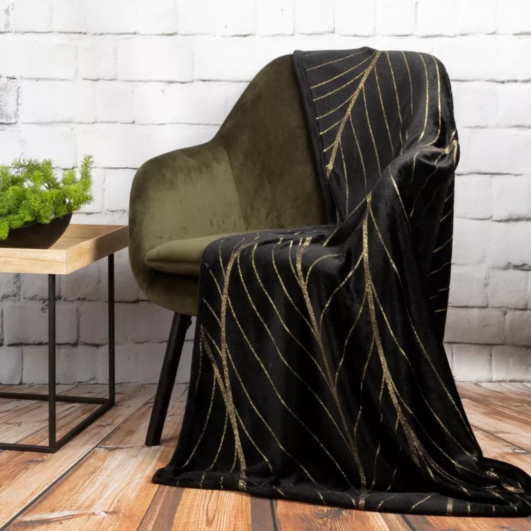 Koc LOTOS miękki i miły w dotyku ze złotym nadrukiem z motywem liści lotosu