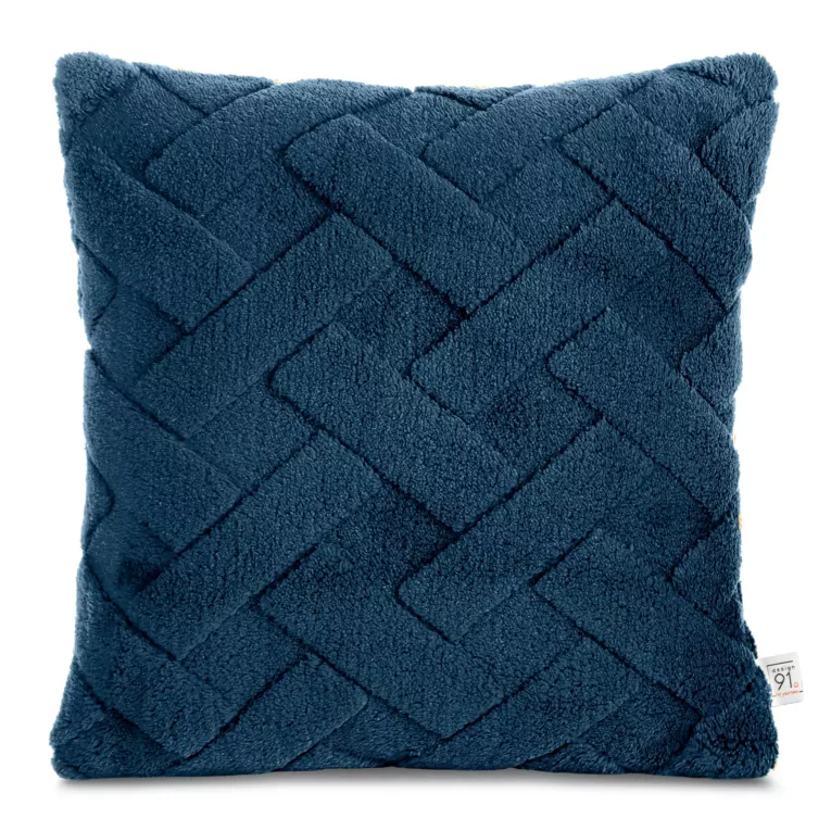 Poszewka na poduszkę 45x45 cm granatowa z miękkiego pluszu zdobiona wypukłym wzorem CARO DESIGN 91