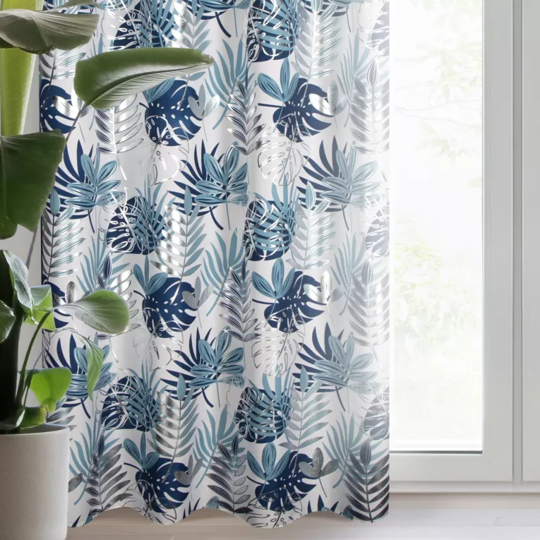 Zasłona biało, granatowa zdobiona egzotycznym nadrukiem z tkaniny typu oxford 140x250 cm przelotka - MALTA