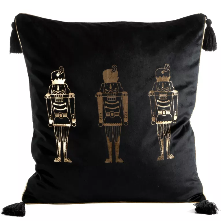 Poszewka na poduszkę 45x45 cm świąteczna welwetowa, czarno złota zdobiona nadrukiem dziadka do orzechów