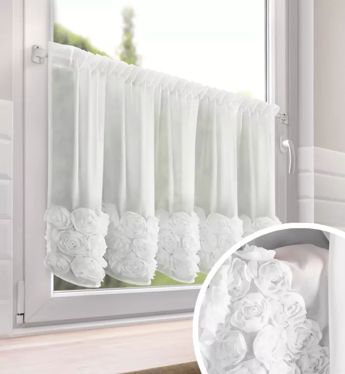 Zazdrostka biała z szyfonu zdobiona różami 3D 70x150 cm taśma - ROSES11 Eva Minge