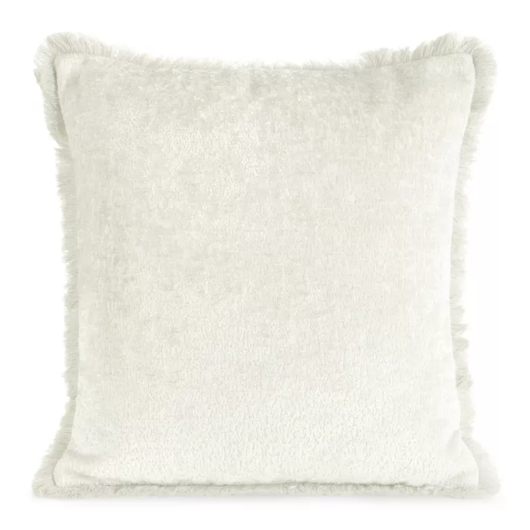 Poszewka na poduszkę 45x45 cm kremowa z szenilowej nici zdobiona subtelnymi frędzlami ADIA