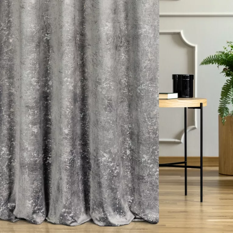 Zasłona szyta na taśmie fala popielata miękka tkanina welwetowa, ze złotym marmurowym nadrukiem