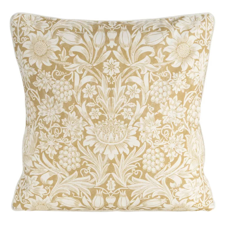 Poszewka na poduszkę 50x50 cm bawełniana z dodatkiem lnu żółto, kremowa zdobiona nadrukiem roślinnym  LEN