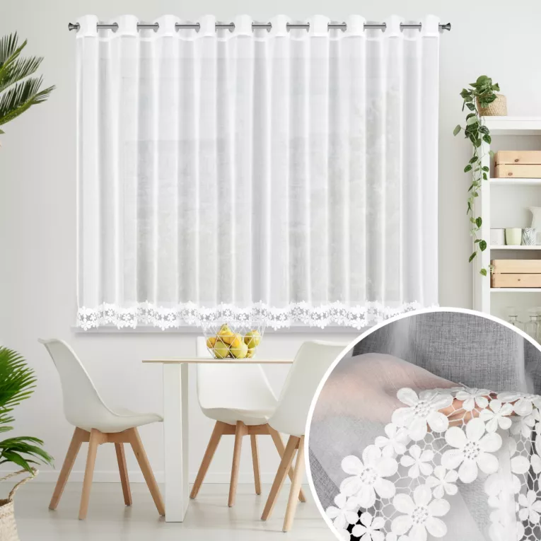 Firana biała z etaminy zdobiona aplikacją 350x145 cm przelotki KAJA