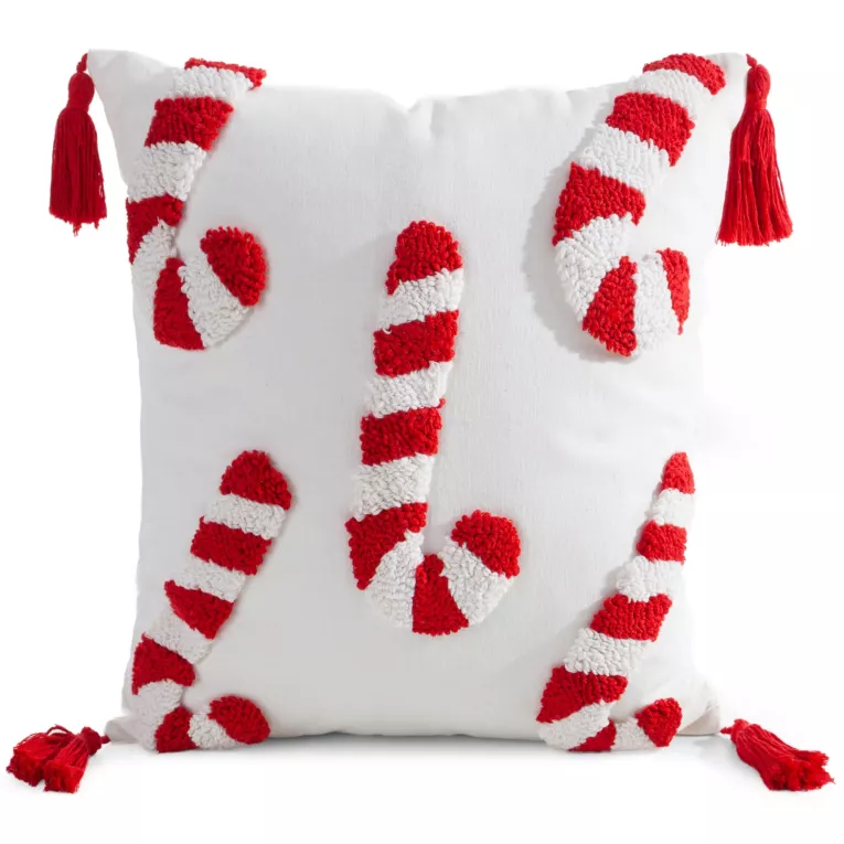 Poszewka na poduszkę świąteczna 45x45 cm biało, czerwona zdobiona aplikacja w laski cukrowe