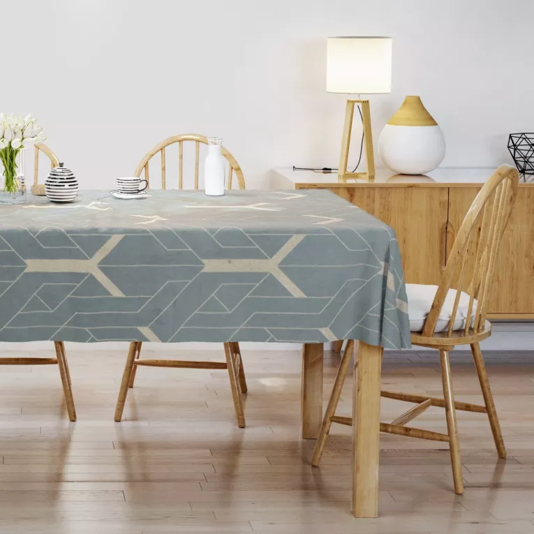 Obrus szyty szaro złoty z tkaniny welwetowej z geometrycznym błyszczącym nadrukiem