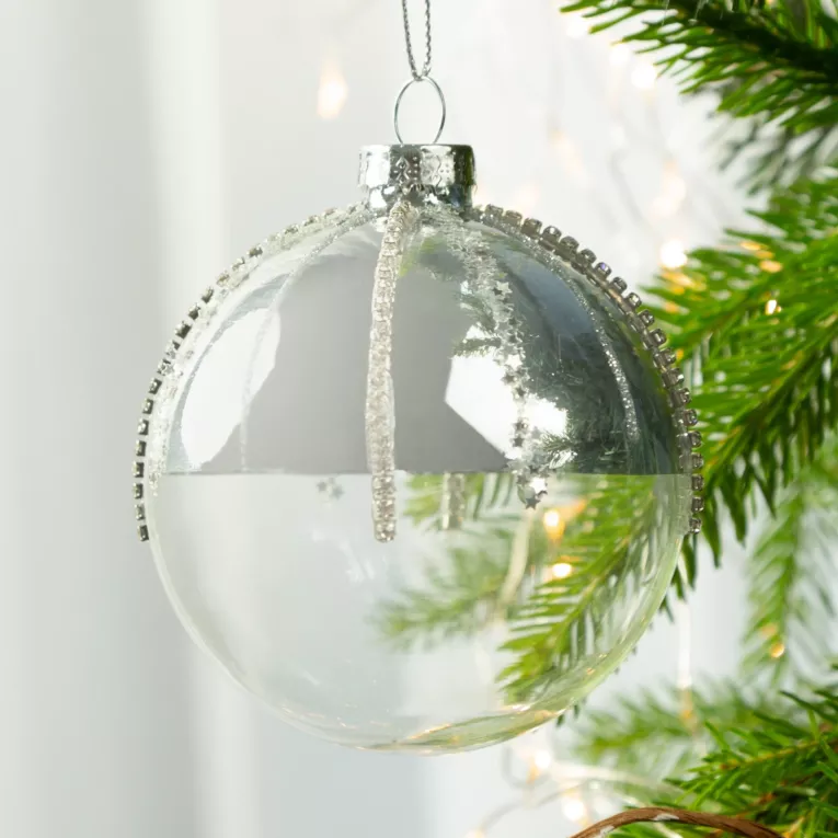 Bombka szklana zdobiona kryształkami i brokatem