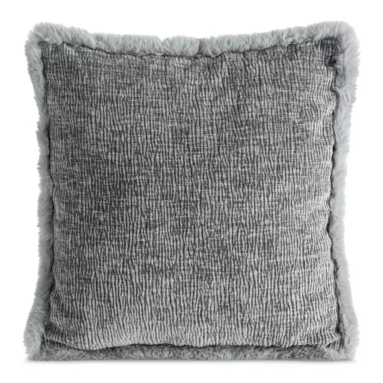Poszewka na poduszkę 45x45 cm stalowa szenilowa zdobiona futerkiem na brzegach BLANCA 03