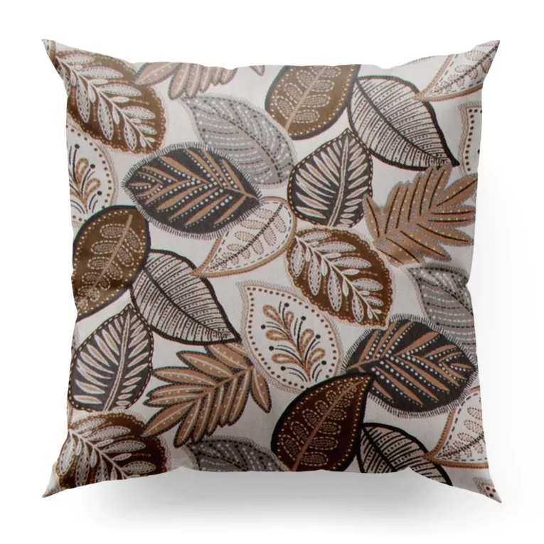 Poszewka szyta brązowo popielata z grubej, gobelinowej tkaniny o wzorze w liście, zawiera 50% bawełny