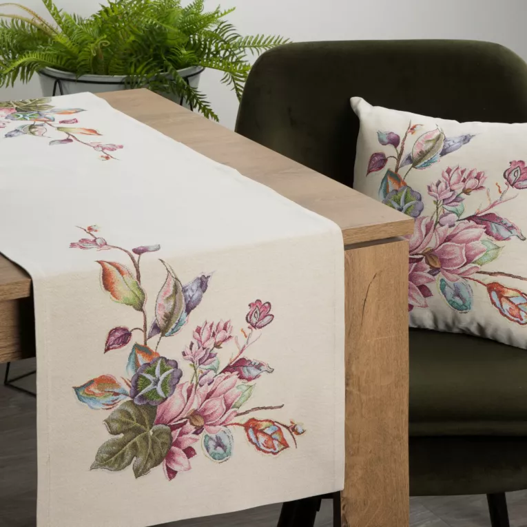 Bieżnik na stół naturalno, różowy 40x100 cm gobelinowy zdobiony tkanym motywem kwiatowym