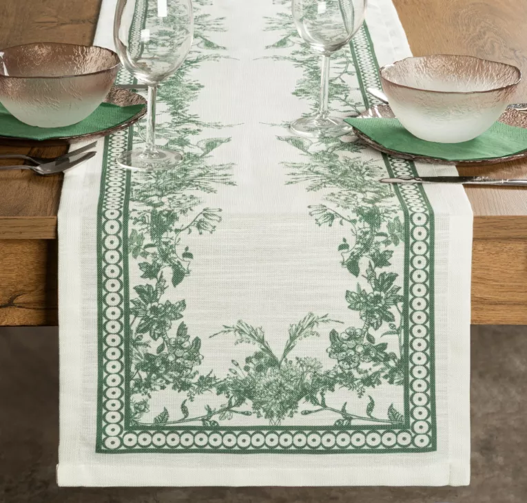 Bieżnik na stół  40x140 cm naturalno, zielony  z wzorem roślinnym SUMMER14 - kolekcja FOREST SUMMER