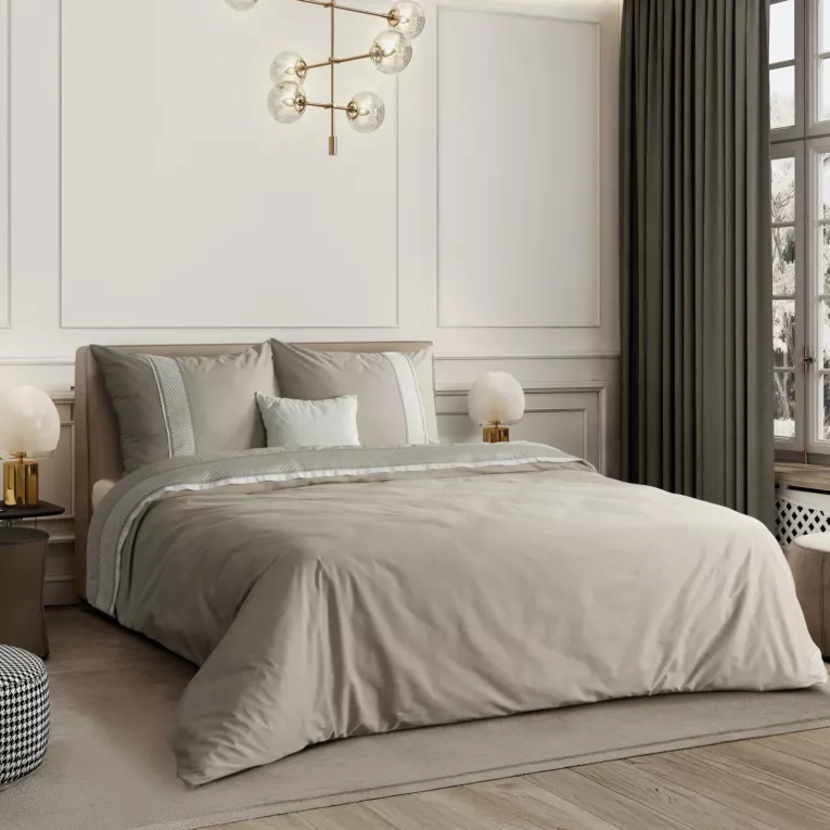 Pościel 160x200 cm z bawełny ranforce kolor szary, biały zdobiona aplikacją z haftem REINA 39