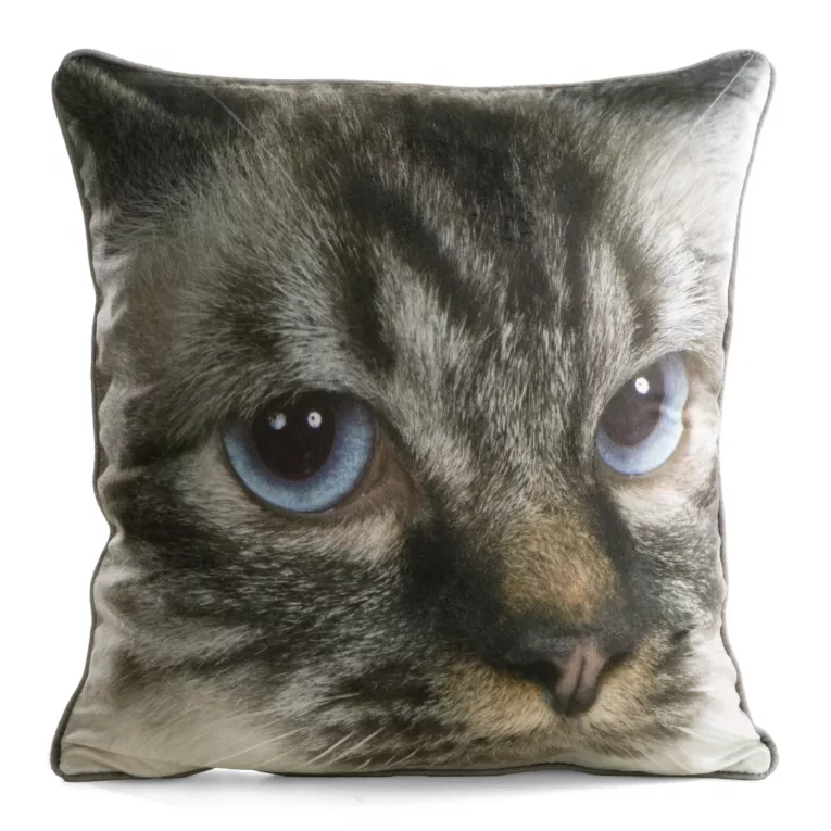 Poszewka na poduszkę 45x45 cm welwetowa beżowo, biała z motywem kota ANIMAL 80