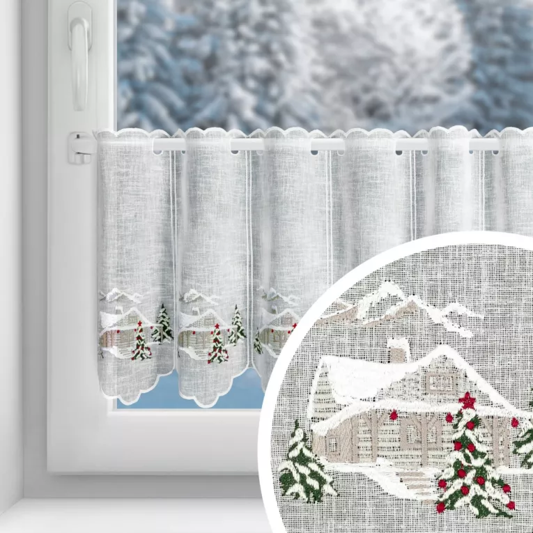 Tkanina firanowa zazdrostka z etaminy zdobiona świątecznym haftem
