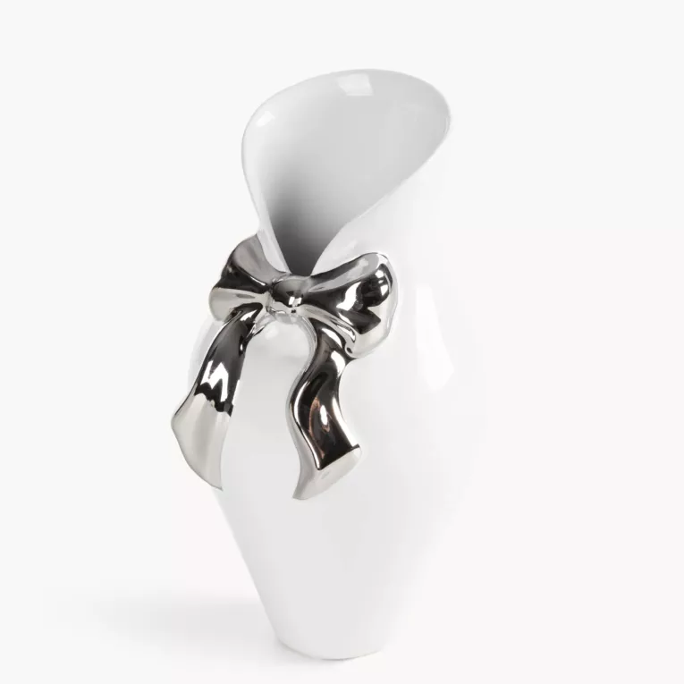 Wazon biały dekoracyjny z ozdobną srebrną kokardką 11x20 cm AKIRA