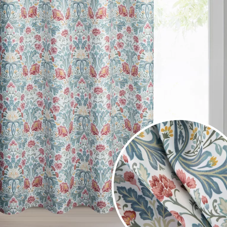 Zasłona biało, bordowa z tkaniny zaciemniającej zdobiona nadrukiem roślinnym 135x250 cm przelotki - ASHLEY