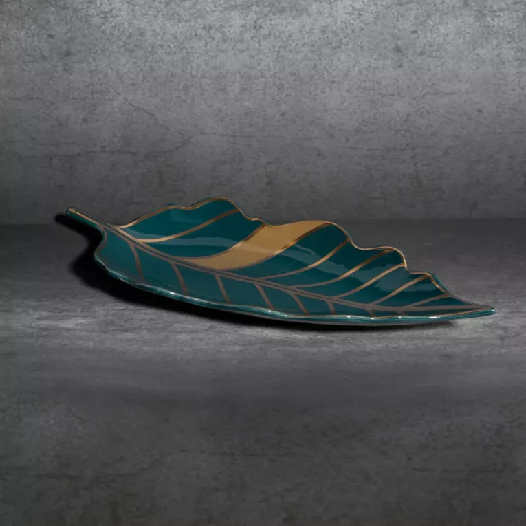 LIMITED COLLECTION Patera dekoracyjna LILI  turkusowo-złota w kształcie liścia GŁĘBIA ZIELENI