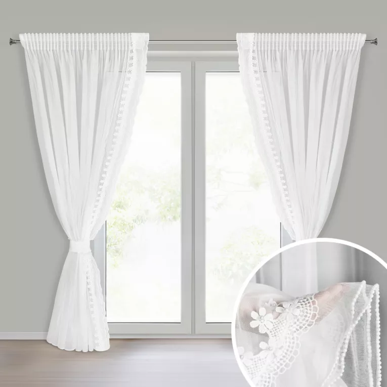 Komplet białych firan 2 szt zdobionych koronką z perełkami, troczek w zestawie 140x270 cm taśma LARISA