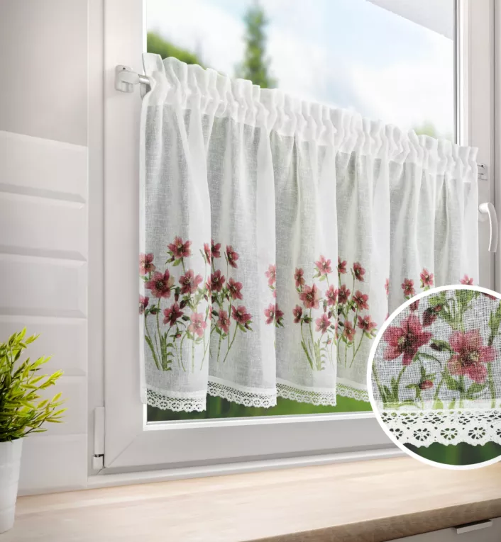 Zazdrostka biało, bordowa z etaminy zdobiona nadrukiem  czerwonych kwiatów i koronką 60x150 cm tunel ISA