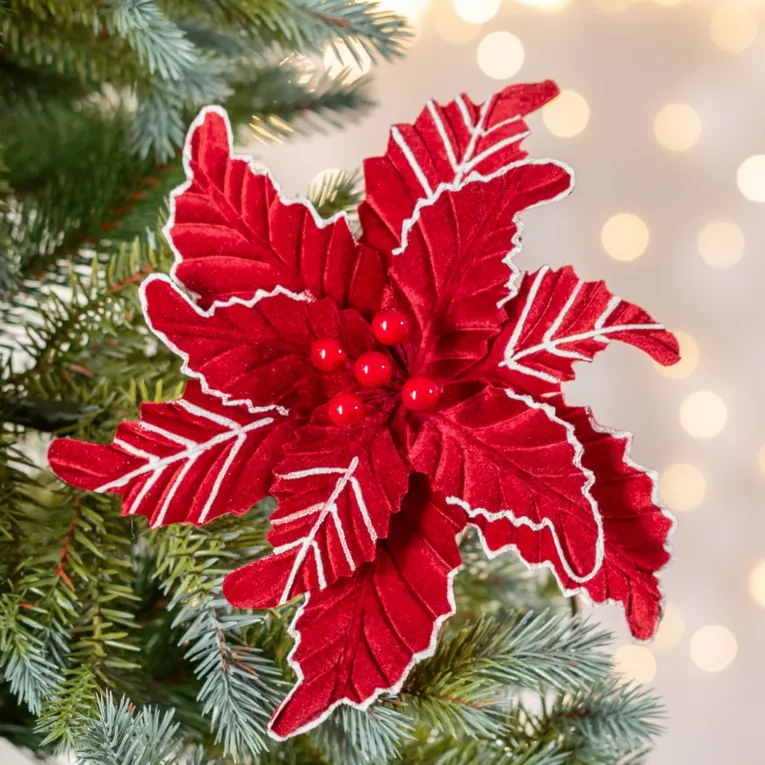 Świąteczny kwiat dekoracyjny z tkaniny welwetowej z wytłaczanym wzorem