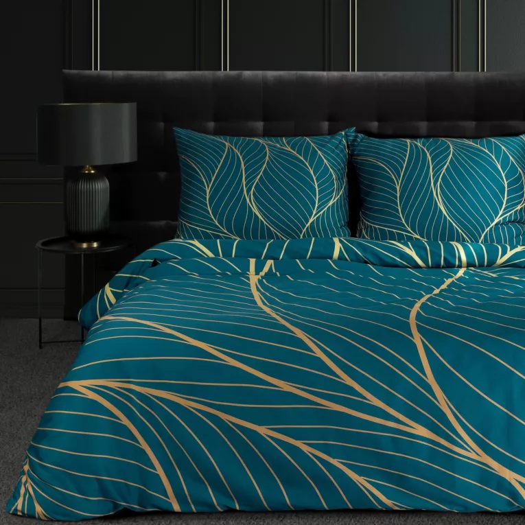 Pościel 160x200 cm z makosatyny bawełnianej kolor turkusowy, złoty z wzorem fantazyjnym LOTOS 4 Limited Collection