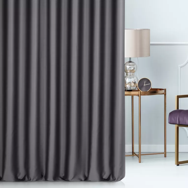 Zasłona szyta na flexach grafitowa z gładkiej tkaniny typu dimout