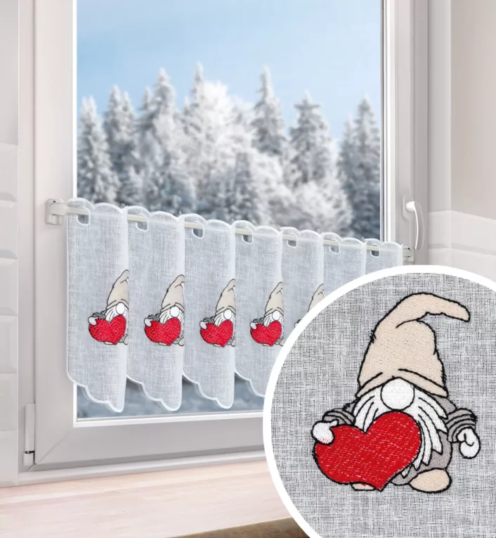 Tkanina firanowa zazdrostka z etaminy zdobiona świątecznym haftowanym skrzatem