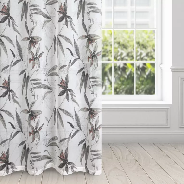 Firana biało, ciemnobeżowa z etaminy z nadrukiem egzotycznych liści półprzezroczysta 140x250 cm przelotka