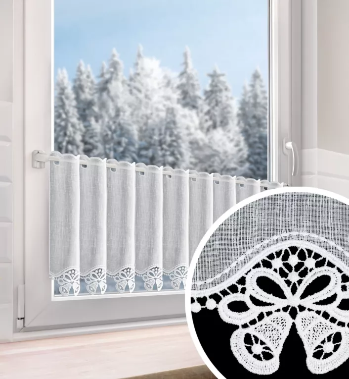 Tkanina firanowa zazdrostka z etaminy zdobiona świątecznym ażurowym haftem w formie dzwoneczków