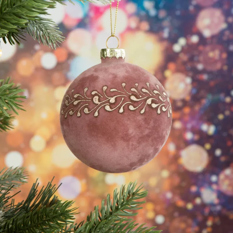 Bombka szklana welwetowa zdobiona złotym wzorem