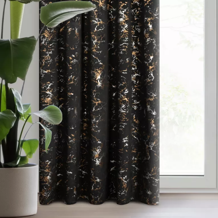 Zasłona welwetowa czarna zdobiona lśniącym marmurkiem 140x270 taśma - DORI