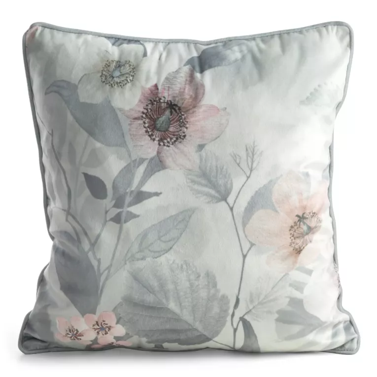 Poszewka na poduszkę 45x45 cm z welwetu biało, srebrna z motywem kwiatów - ELIA