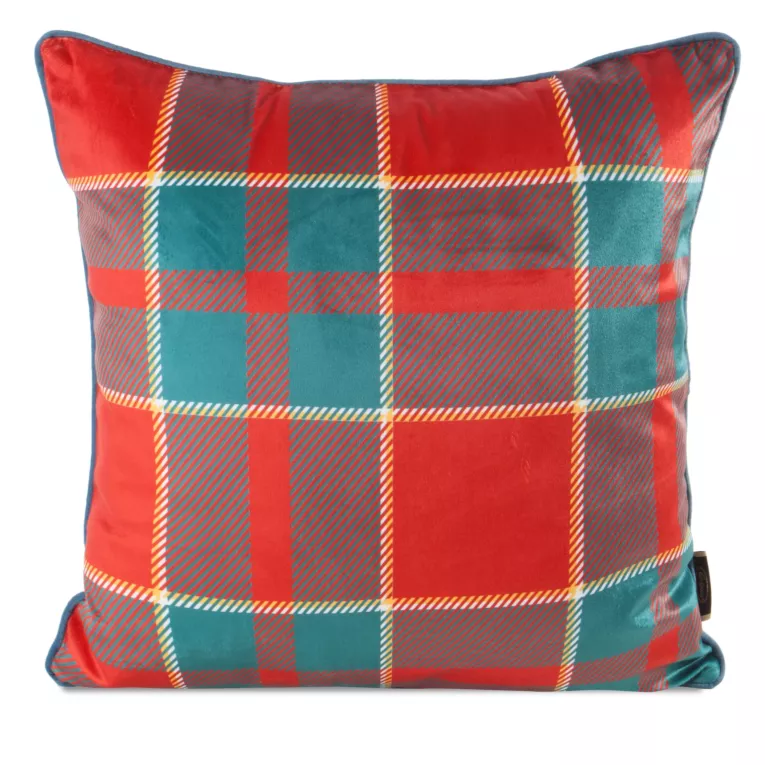 Poszewka na poduszkę świąteczna 45x45 cm welwetowa czerwono, zielona w kratę zdobiona elegancką wypustką