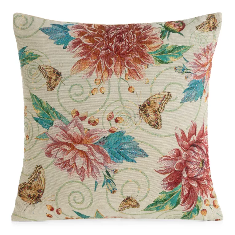 Poszewka na poduszkę 45x45 cm beżowo, czerwona żakardowa z motywem roślinnym GOBELIN