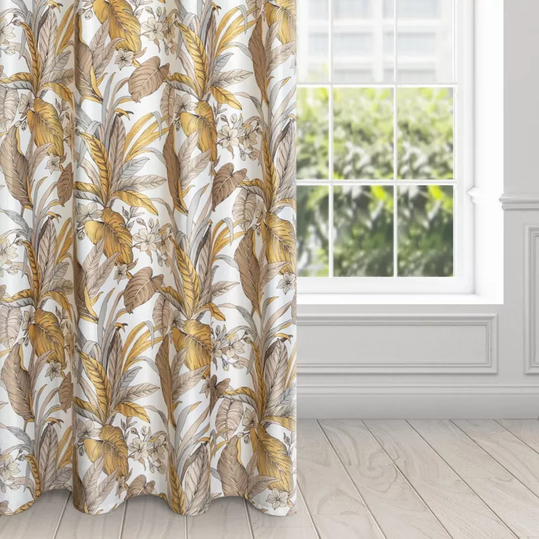 Zasłona beżowo, biała z wzorem egzotycznych liści 140x250 cm przelotka - BARI - Design 91