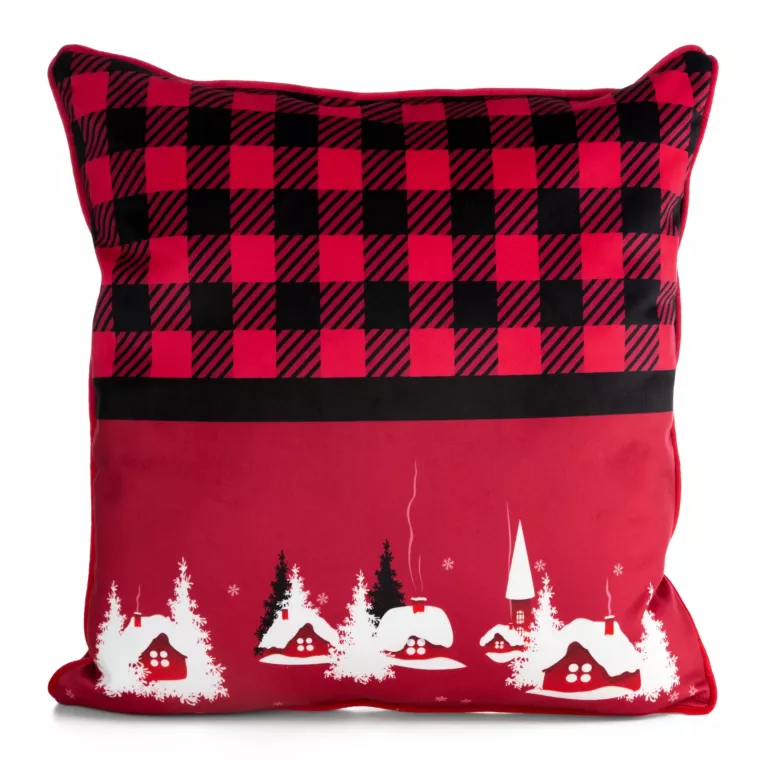 Poszewka na poduszkę świąteczna 60x60 cm welwetowa czerwona zdobiona motywem świątecznym