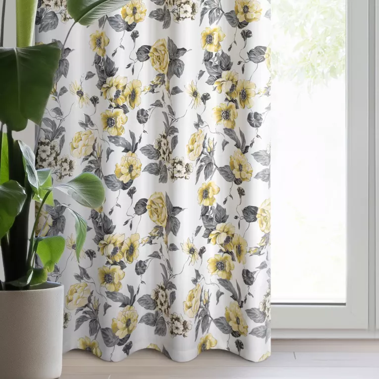 Zasłona biało, żółta z wzorem kwiatów, zaciemniająca 140x250 cm przelotka DELIA
