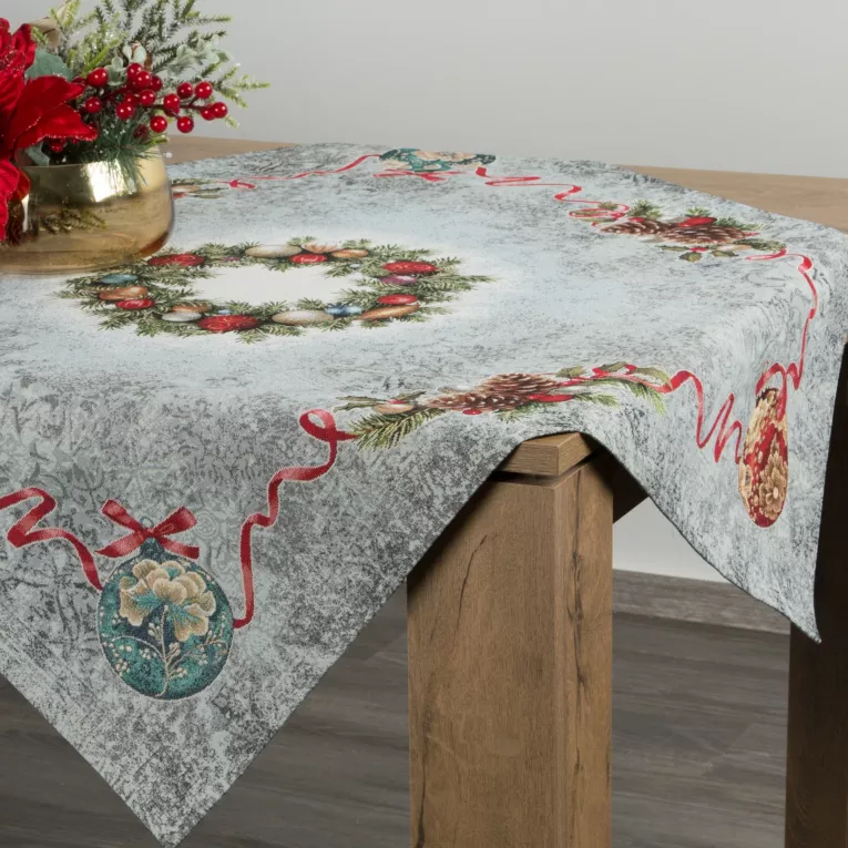 Obrus popielato, czerwony 100x100 cm gobelinowy z motywem świątecznym